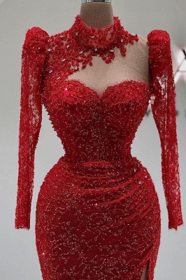 Luxurious Red Long Sleeves Pearls Mermaid Prom Dress High Neck Sequins Party Dress_2