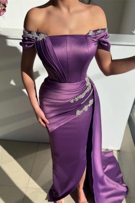 Elegante vestido de fiesta de sirena de satén fruncido morado con hombros descubiertos_2