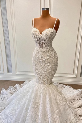 Weißes Meerjungfrau-Brautkleid mit floraler Spitze und Spaghettiträgern_2