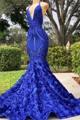 Stunning Halter Royal Blue Mermaid Prom Dress Backless Slim Party Dress_1