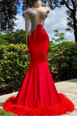 Luxury Red Glitter Beadings Long Mermaid Prom Dress Sleevless Tassels_1