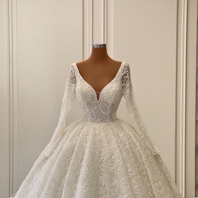 Luxury Long Sleeves Aline Wedding Dress V-Neck Floral Lace Bridal Gown_4