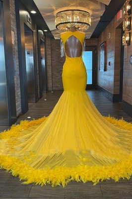 Luxury Yellow Mermaid Prom Dress Glitter Beadings Tassels Party Dress with Fur_2