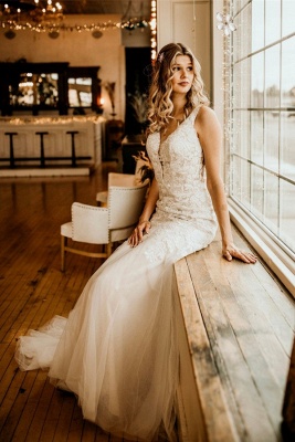 Elegant Tulle Floral Lace Mermaid Wedding Dress Sleeveless V-Neck Bridal Gown_4