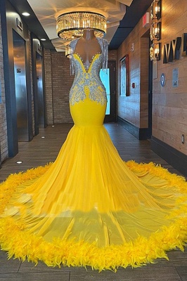 Luxury Yellow Mermaid Prom Dress Glitter Beadings Tassels Party Dress with Fur_1