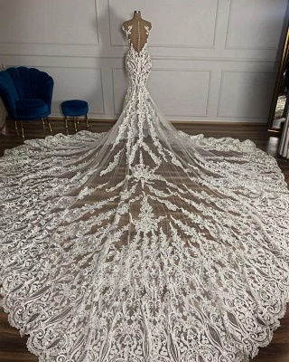 Wunderschönes Meerjungfrau-Hochzeitskleid, ärmelloses Brautkleid mit floraler Spitze und Tüll_2