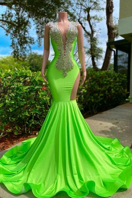 Luxury Deep V-Neck Mermaid Prom Dress 3D Beadings Stretch Satin Party Gown_4