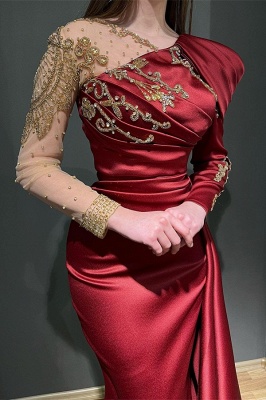 Superbe robe de bal sirène en satin bordeaux à manches longues avec perles dorées_2