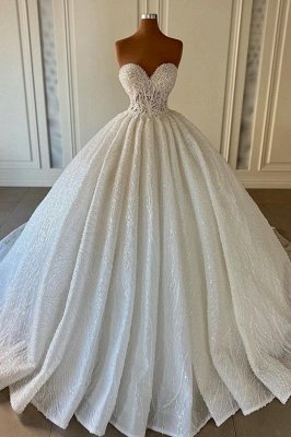 Impresionante vestido de novia sin tirantes con lentejuelas brillantes y escote corazón_1