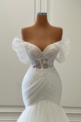 Gorgeous White Long Mermaid Off the Shoulder Tulle Wedding Dress_2