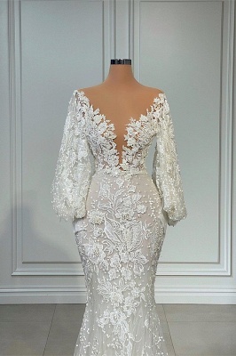 Long Sleeves Lace Appliques V-neck Mermaid Wedding Dress_2