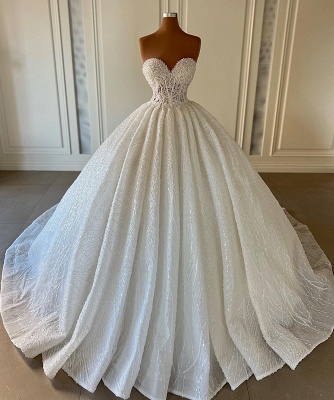 Impresionante vestido de novia sin tirantes con lentejuelas brillantes y escote corazón_3