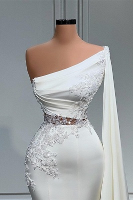 Elegant White Long Sleeves Mermaid Evening Dress One Shoulder with Lace Appliques_2