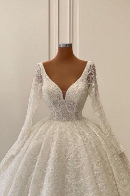 Luxury Long Sleeves Aline Wedding Dress V-Neck Floral Lace Bridal Gown_2