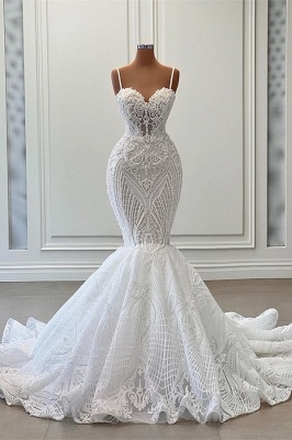 Vestido de novia de sirena de encaje floral blanco con escote corazón y tirantes finos_1