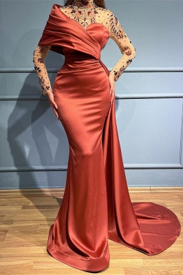 Stunning Long Sleeves Mermaid Prom Dress Ruched Satin Evening Dress_1