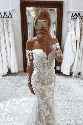 Stylish Off Shoulder Long Sleeves Floral Lace Mermaid Wedding Dress_2