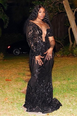 Asymmetric Black Plus Size Prom Dress Charming Deep V-neck Party Dress_1