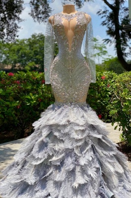 Luxuriöses Meerjungfrauen-Abschlussballkleid mit Glitzerkristallen, geschwollenen Federn, langen Ärmeln, Partykleid_1