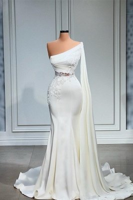 Elegant White Long Sleeves Mermaid Evening Dress One Shoulder with Lace Appliques_1