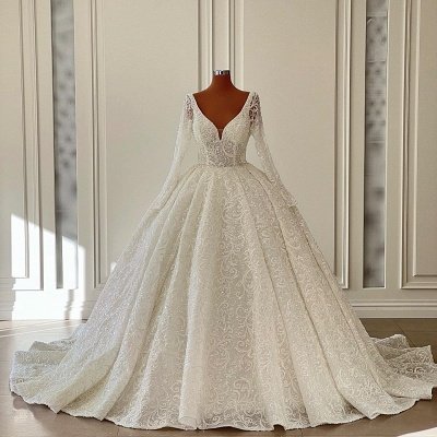 Robe de mariée Aline à manches longues de luxe Robe de mariée en dentelle florale à col en V_3