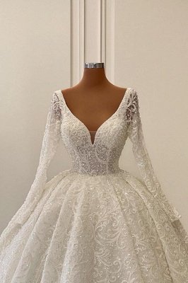 Robe de mariée Aline à manches longues de luxe Robe de mariée en dentelle florale à col en V_2