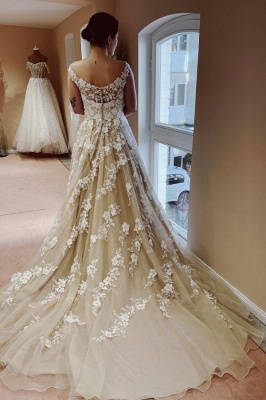 Elegant Floral Lace Wedding Dress A-line Sleeveless V-Neck Tulle Bridal Dress_2