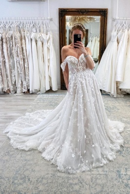 Elegant Off-the-Shoulder White A-line Wedding Dress Tulle Bridal Dress_1