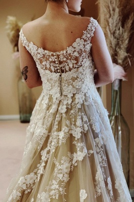 Elegant Floral Lace Wedding Dress A-line Sleeveless V-Neck Tulle Bridal Dress_5