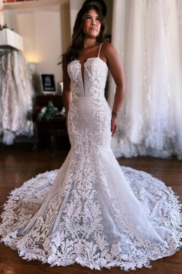 Robe de mariée élégante en dentelle blanche à col en V profond Robe de mariée en tulle sans manches_1