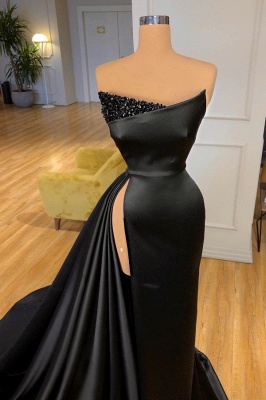 Stunning Black Glitter Beadings Long Prom Dress Strapless Evening Dress with Side Sweep Train_2