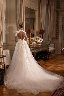 Long Sleeves White Lace Long Wedding Dress KeyHole Back Side Split with Detachable Sweep Train_2