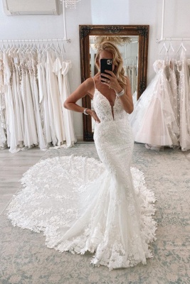 Stunning V-Neck Mermaid Bridal Dress Spaghetti Straps Lace Appliques_1