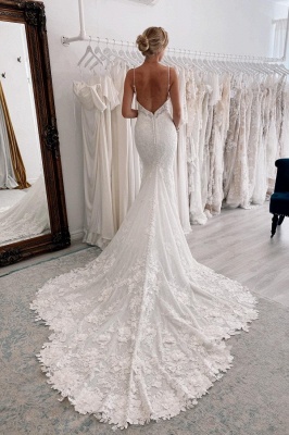 Stunning V-Neck Mermaid Bridal Dress Spaghetti Straps Lace Appliques_2