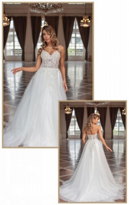 Spaghetti Straps Sleeveless Sweetheart A-Line Lace Wedding Dress_4