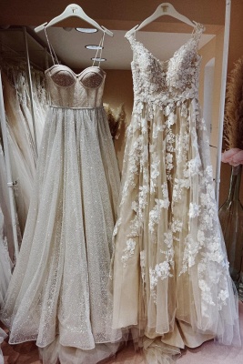 Elegant Floral Lace Wedding Dress A-line Sleeveless V-Neck Tulle Bridal Dress_1