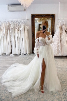 Elegant Puffy Sleeves Tulle Aline Wedding Dress Side Slit Long Bridal Dress_1