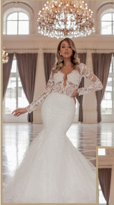 Superbe Robe De Mariée Sirène Manches Longues Tulle Dentelle Appliques Robe De Mariée_1