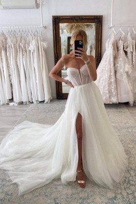 Elegant Puffy Sleeves Tulle Aline Wedding Dress Side Slit Long Bridal Dress_2