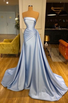 Sky Blue Strapless Slim Mermaid Prom Dress Ruched Satin Long Evening Dress Sweep Train_1
