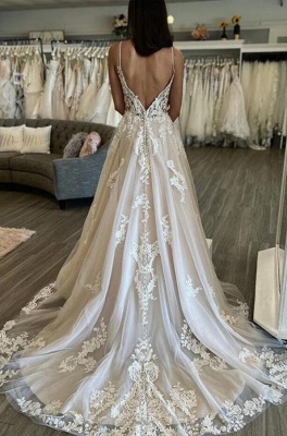 Robe de mariée romantique A-ligne Robe de mariée sans manches en dentelle florale à col en V_2