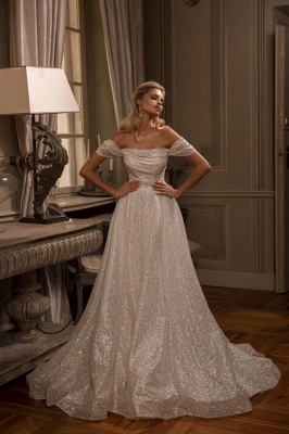 Glitter Off Shoulder A-line Wedding Dress Backless Long Bridal Dress_1