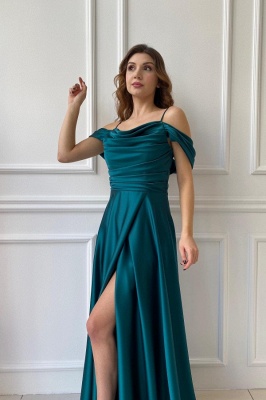 Charming Ruched Satin Long Evening Dress Off Shoulder with Straps Side Slit Special Ocaasion Dress_3