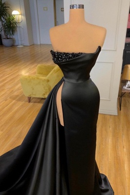 Charming Black Satin Evening Gown Strapless Sequins Long Side Slit Prom Dress for Women_2