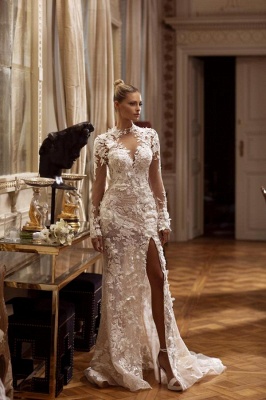 Long Sleeves White Lace Long Wedding Dress KeyHole Back Side Split with Detachable Sweep Train_4