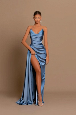 Dusty Blue Ruched Satin Long Prom Dress Strapless V-Neck Side Split Party Wear Dress_2