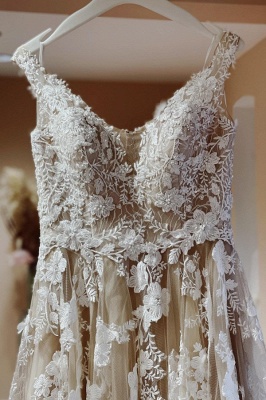 Elegant Floral Lace Wedding Dress A-line Sleeveless V-Neck Tulle Bridal Dress_3