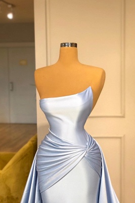 Charming Sky Blue Long Mermaid Prom Dress Strapless Ruched Satin Evening Party Dress with Sweep Train_2