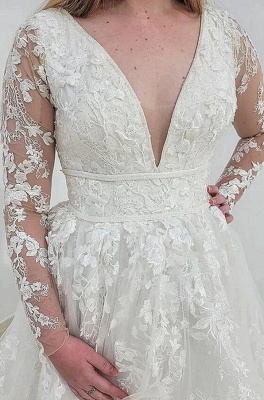 Elegantes A-Linien-Hochzeitskleid mit langen Ärmeln, tiefem V-Ausschnitt, geschwollenen Schichtspitzen-Brautkleid_6