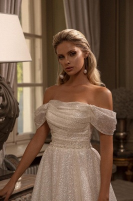 Glitter Off Shoulder A-line Wedding Dress Backless Long Bridal Dress_3
